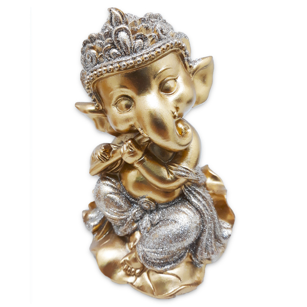 Ganesha Da Prosperidade Ganesh Músico Flauta Gold 14 Cm
