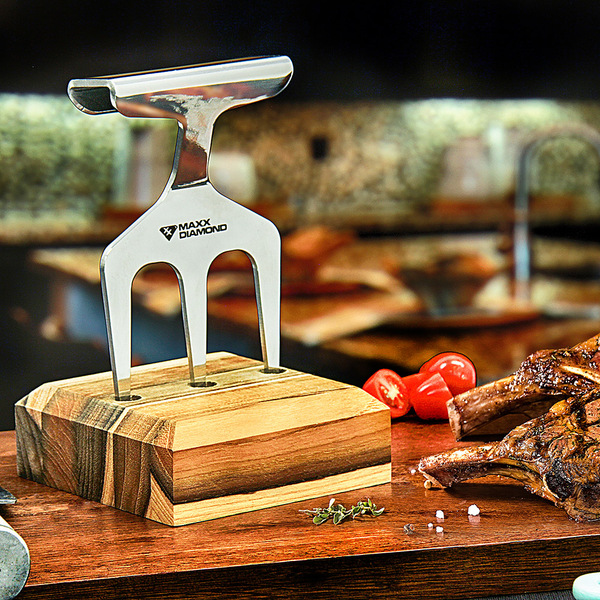 Garfo Tridente Para Churrasco Em Inox Com Base Madeira Teca