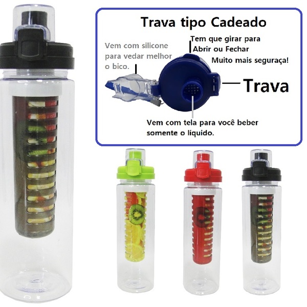 Garrafa Squeeze De Plástico Com Tubo Infusor Tampa Com Trava