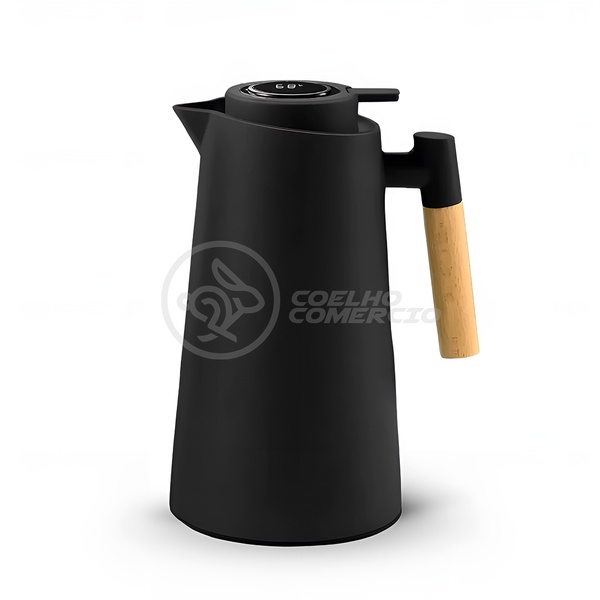 Garrafa Térmica De 1l Preta Com Display Led E Cabo De Madeira