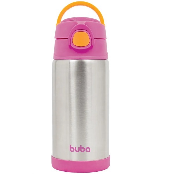 Garrafa Termica Infantil Com Canudo Aço Inox 400ml Rosa Buba