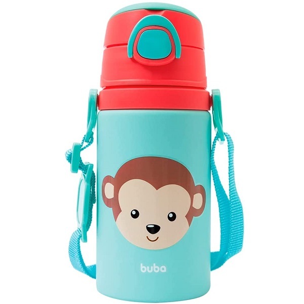Garrafinha Aluminio Com Canudo Animal Fun Macaco 400ml Buba