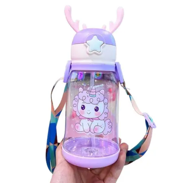 Garrafinha De Água Infantil 600ml Com Canudo De Silicone Lilá