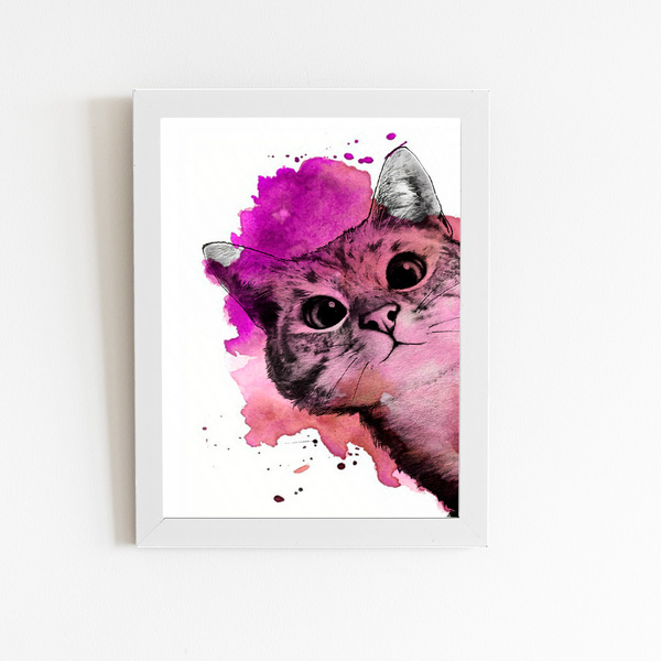 Gato Pet Animais Aquarela Rosa Quadro Moldura Branca 60x40cm