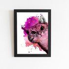 Gato Pet Animais Aquarela Rosa Quadro Moldura Preta 60x40cm