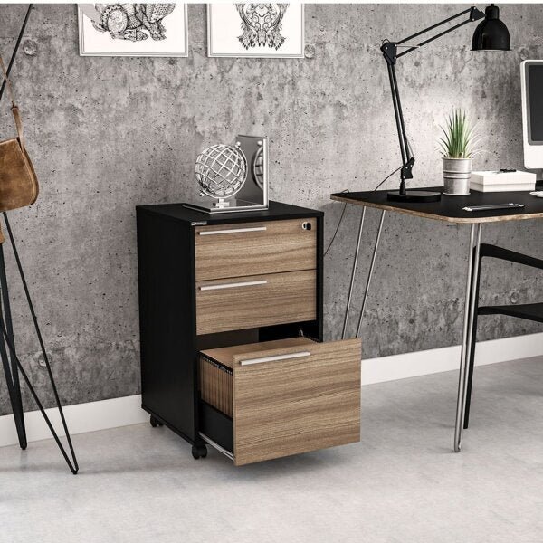 Gaveteiro 3 Gavetas Com Chave Maia Politorno Preto/castanho