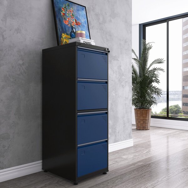 Gaveteiro Arquivo Para Escritório Em Aço 4 Gavetas Preto/azul