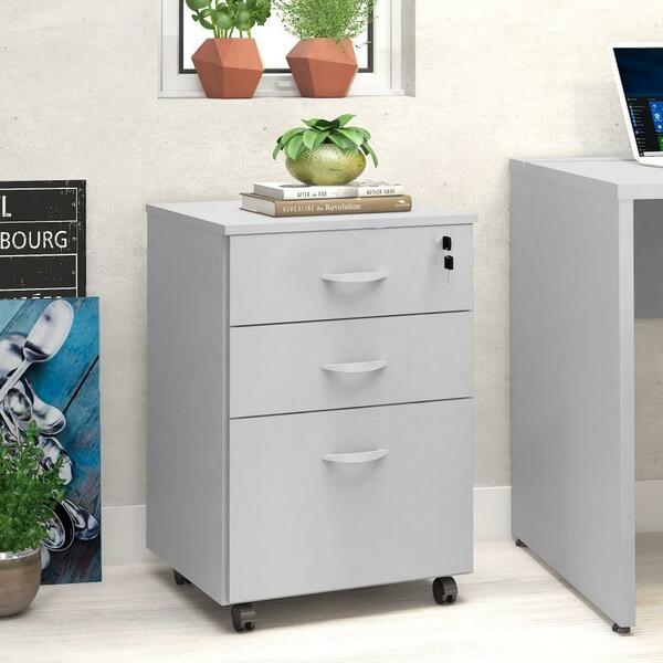 Gaveteiro Baixo Escritório 3 Gavetas Tranca 4 Rodinhas Cinza