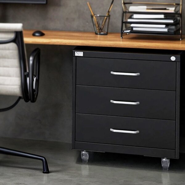 Gaveteiro De Aço 3 Gavetas Com Rodízios Com Chave Preto