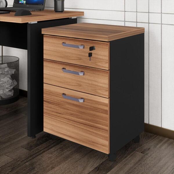 Gaveteiro De Escritório 46cm Com Chave 3 Gavetas E Rodízios M