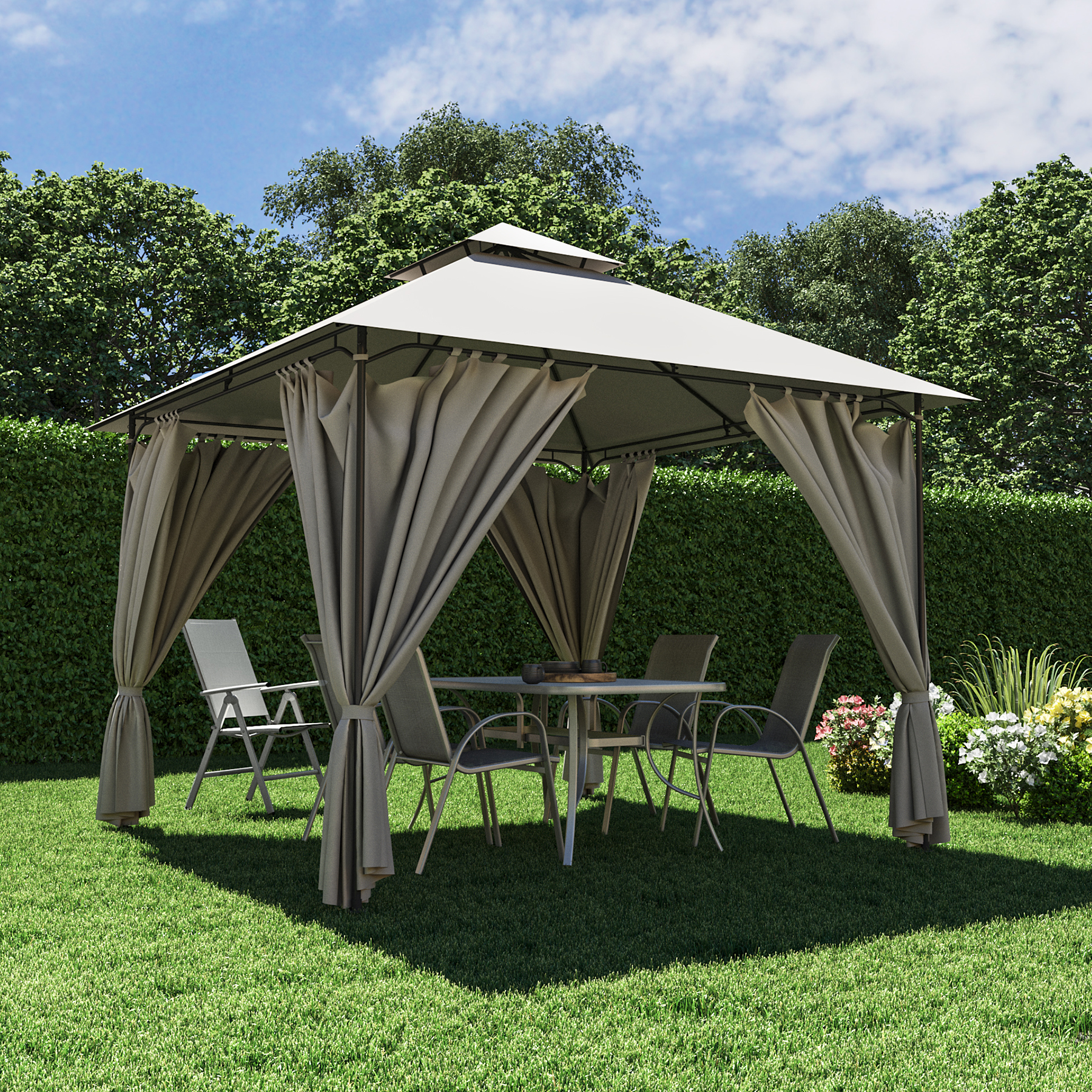 Gazebo Aço e Poliéster com Cortina Taupe 2,80x2,98x2,98m Oxis Naterial
