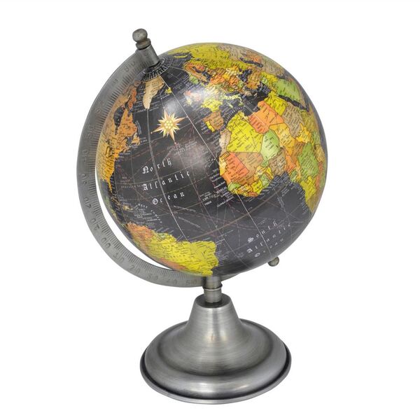 Globo Terrestre Decorativo Em Metal E Madeira Cinza 18x25cm M