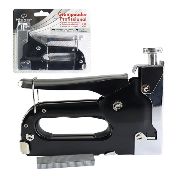 Grampeador Profissional Reforçado Compacto Tapeceiro Preto