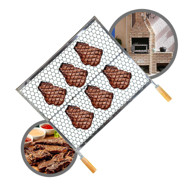 Grelha Especial Inox Moeda 40x50 Para Churrasco Cabo Madeira