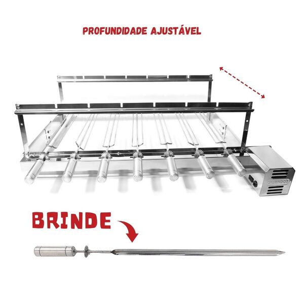 Grill Giratório 7 Espetos Inox Ajustável Longo Motor Direito