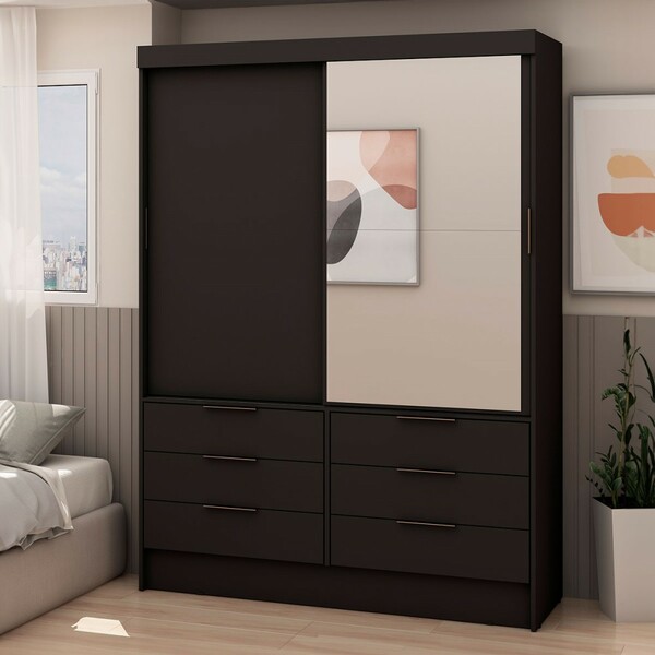 Guarda-roupa 2 Portas 6 Gavetas Com Espelho 0559 Preto - Geni