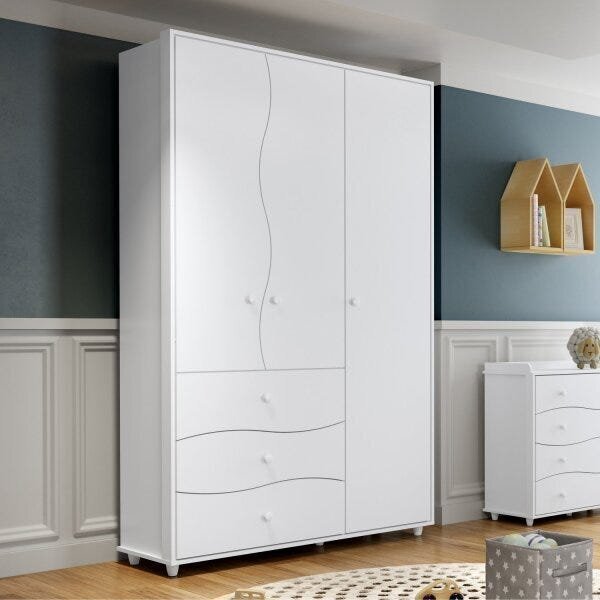 Guarda-roupa 3 Portas 3 Gavetas Adoleta Henn Branco/rosa/cinz