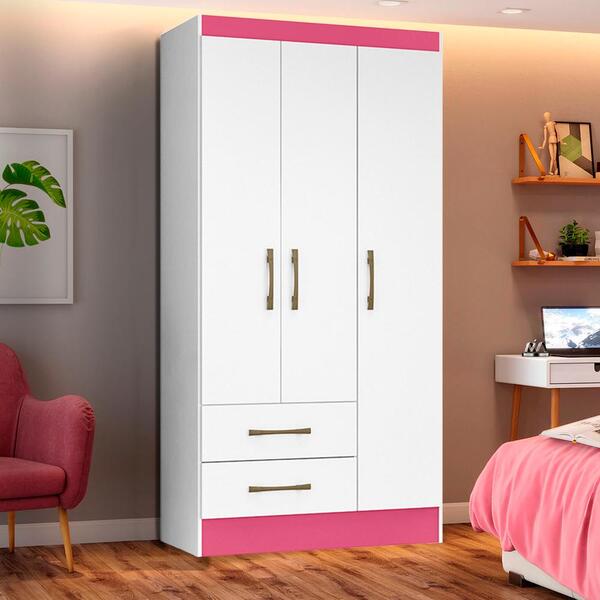 Guarda Roupa 3 Portas Branco E Rosa Vuma Shop Jm