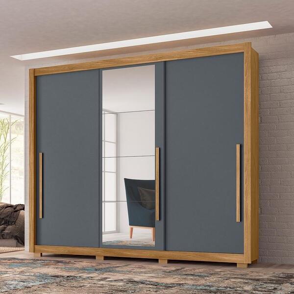 Guarda Roupa 3 Portas Com Espelho 5 Gavetas Cinza