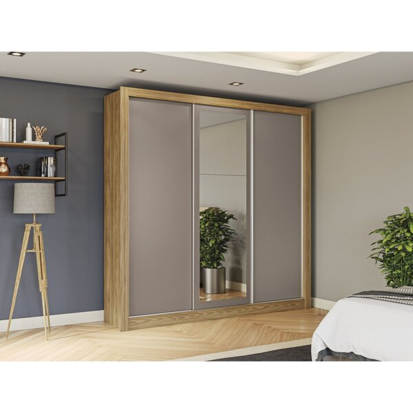 Guarda-roupa 3 Portas De Correr 2 Gavetas Com Espelho Nogueir