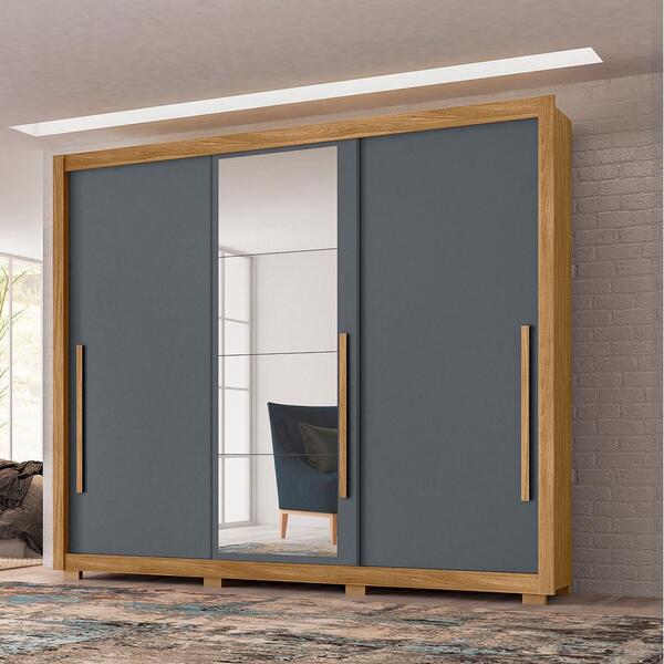 Guarda Roupa 3 Portas De Correr Com Espelho Freijó Cinza Môna