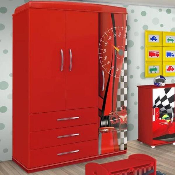 Guarda Roupa 3 Portas E 3 Gavetas - Carro Vermelho - Valen Mó