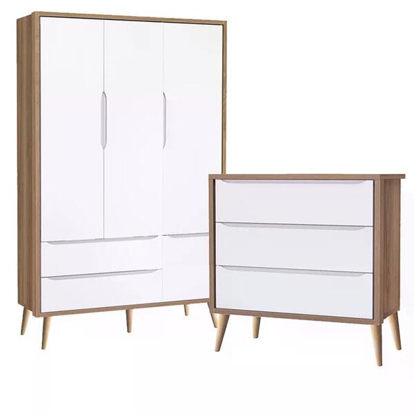 Guarda Roupa 3 Portas E Cômoda 3 Gav Theo Pés Madeira Natural