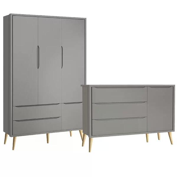 Guarda Roupa 3 Portas E Cômoda Com Porta Theo Pés Madeira Nat