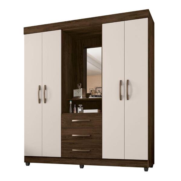 Guarda-roupa 4 Portas 3 Gavetas Espelho - Cacau / Off White