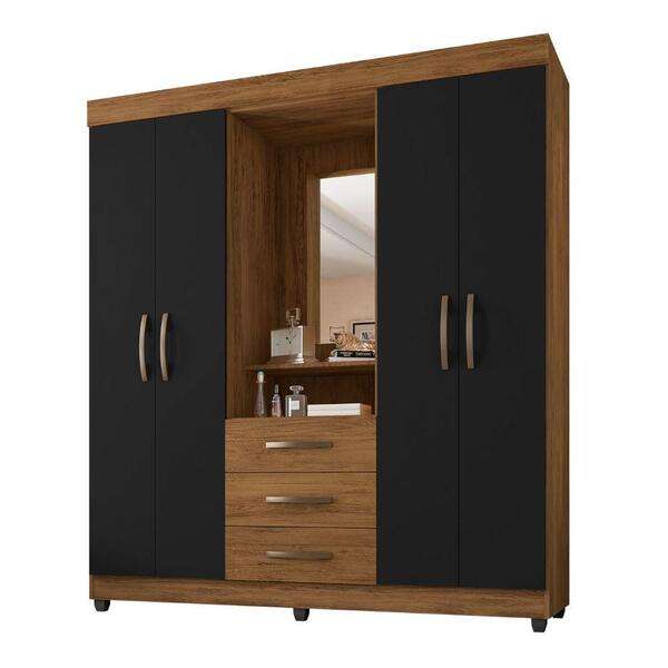 Guarda-roupa 4 Portas 3 Gavetas Espelho - Freijó / Preto