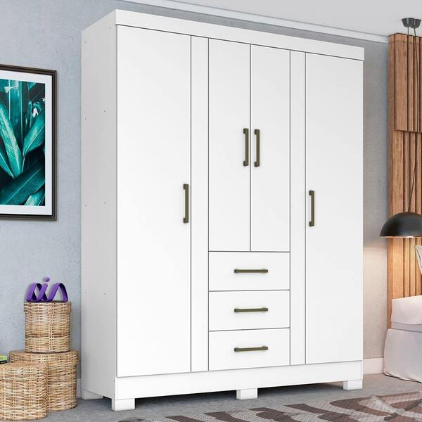 Guarda Roupa 4 Portas 3 Gavetas Solteiro Branco Ártico Cosmos