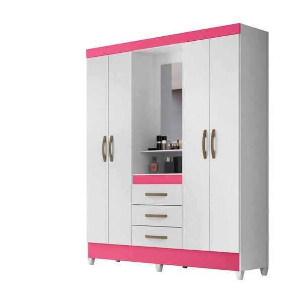 Guarda Roupa 4 Portas Com Espelho Capri Branco Rosa 831442 Mo