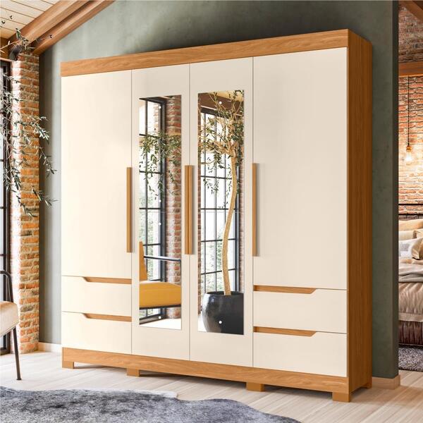 Guarda Roupa 4 Portas Com Espelho Ceres Carvalho Grife Off Wh