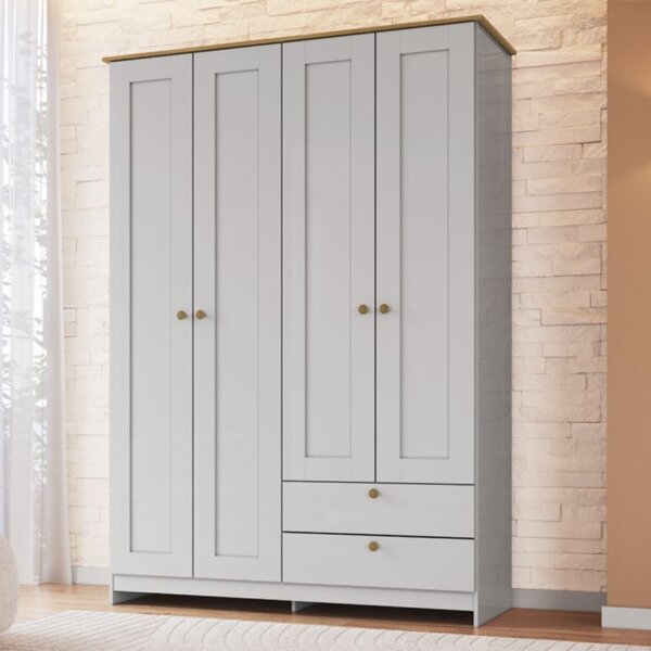 Guarda-roupa 4 Portas E 2 Gavetas Americano Branco Gelo/ipê
