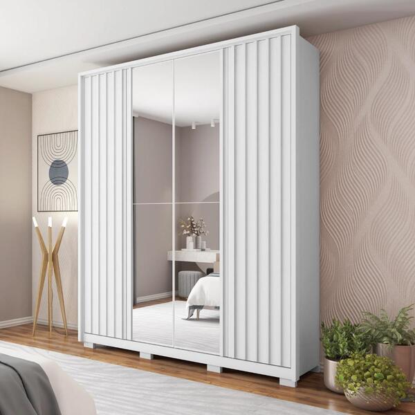 Guarda Roupa 4 Portas Ripado Com Espelho Patna Branco Fosco