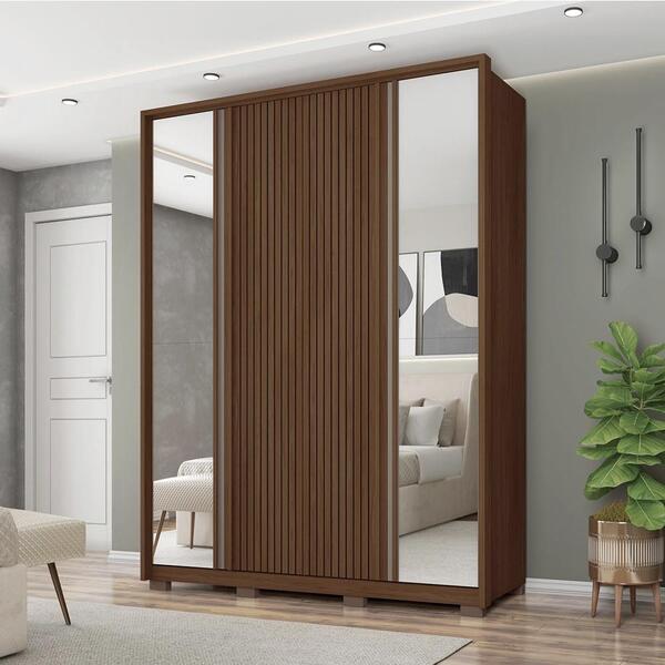 Guarda Roupa 4 Portas Ripado Com Espelho Santana Fendi Havana