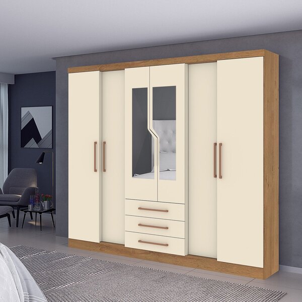 Guarda Roupa 6 Portas 3 Gavetas Com Espelho Paris New  Canela