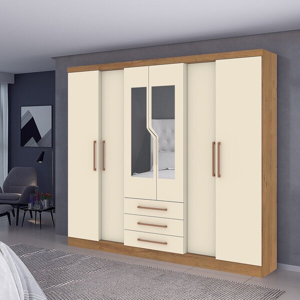 Guarda Roupa 6 Portas 3 Gavetas Com Espelho Paris New  Canela
