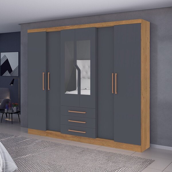 Guarda Roupa 6 Portas 3 Gavetas Com Espelho Paris New  Canela