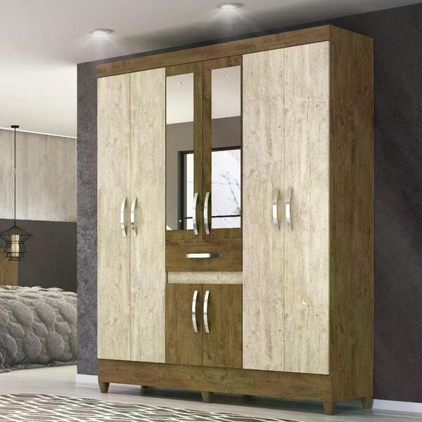 Guarda Roupa 6 Portas C/espelho 1 Gaveta Avelã Castanho