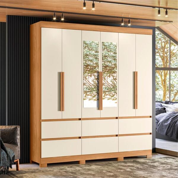 Guarda Roupa 6 Portas Com Espelho Gamma Avelã Fendi Metalic