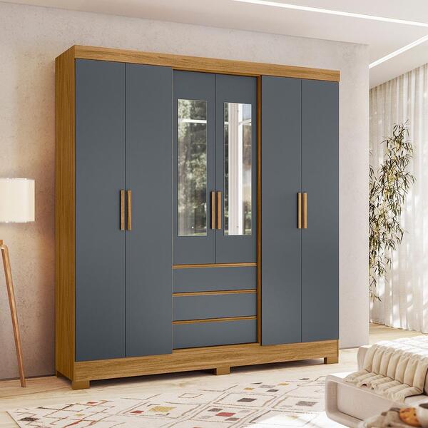 Guarda Roupa 6 Portas Com Espelho Gramado Freijó Cinza