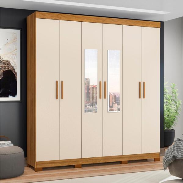 Guarda Roupa 6 Portas Com Espelho Sirius Carvalho Grife Off W