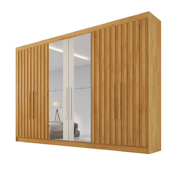 Guarda Roupa 6 Portas Potente 4 Ripado Com Espelho 100 Mdf Mó