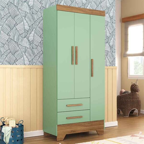 Guarda Roupa Adoleta 3 Portas 2 Gavetas Verde/ Nature - Rodial