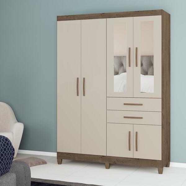 Guarda Roupa Armário Roupeiro Quarto 6 Portas Espelho 2 Gavet