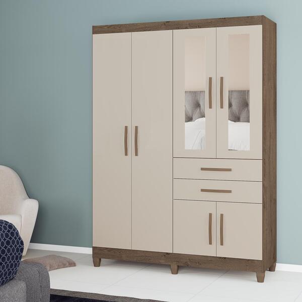 Guarda Roupa Armário Roupeiro Quarto 6 Portas Espelho 2 Gavet