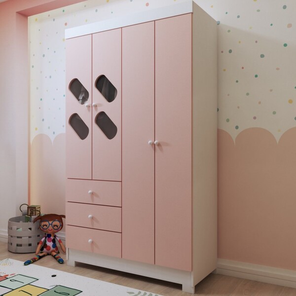 Guarda-roupa Bebê Escotilha 4 Portas 3 Gavetas Branco/rosa -