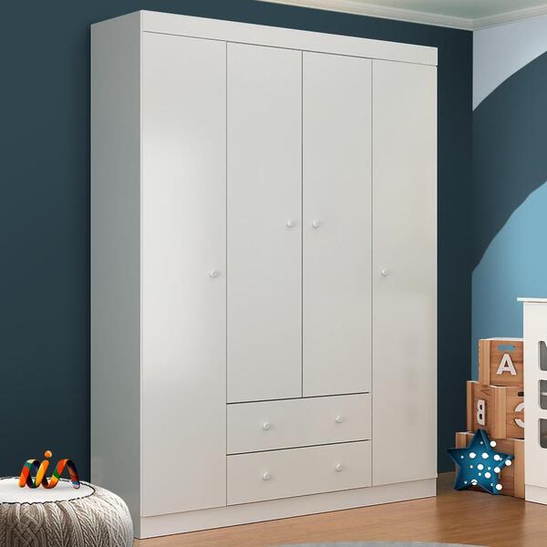 Guarda Roupa Branco Infantil 4 Portas 2 Gavetas 100% Mdf Edua