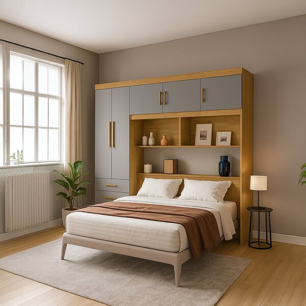 Guarda Roupa Cabeceira Casal 5 Portas 3 Gavetas Cancun Cinza/